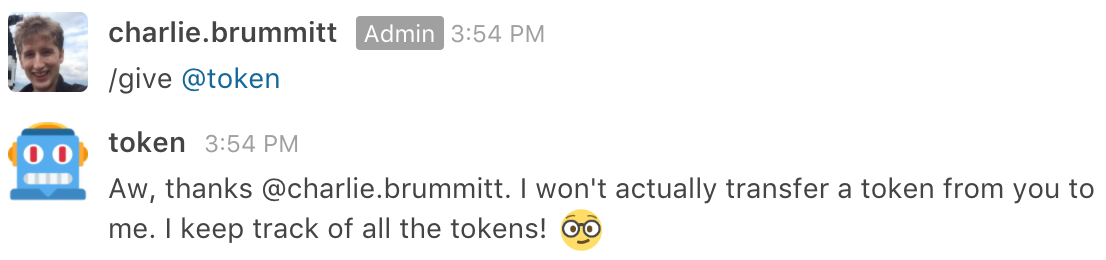 Result of giving a token to the @token bot